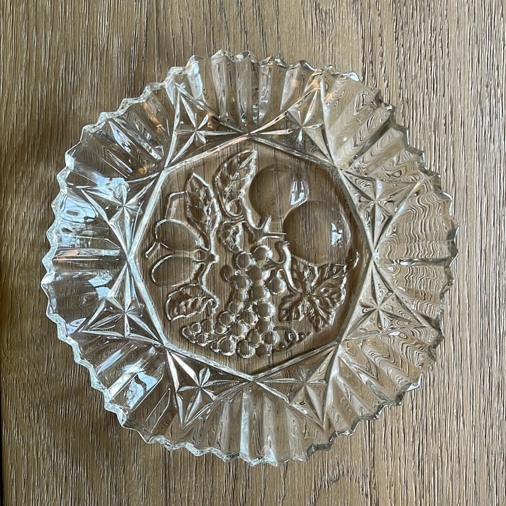 Vintage Cut Glass Ruffled Serving Bowl Dish with Fruit Pattern